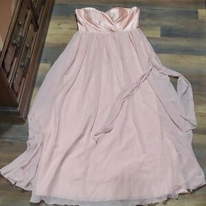 Bari Jay Pink Strapless Pleated Bust Sheer Maxi Gown